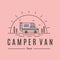 travel by camper van and sunburst line art logo vector symbol illustration design