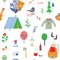 Travel and camping seamless pattern with many icons