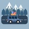 Travel car campsite place landscape. Mountains, trees, fir tree, and road. Vector illustration in flat style.
