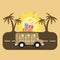 Travel car campsite place landscape. Palm, birds, sun, beach, an