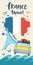 Travel by car France travel text tourism design retro car with suitcase vector illustration with Eiffel tower silhouette, flag and