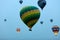 Travel. Colorful Hot Air Balloons Flying In Blue Sky In Morning