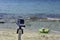 Travel concept - Action camera photography over sea view, with selfie Monopod