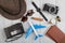 Travel concept - Airline tickets, passport, sunglasses and camera on wooden background