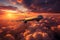 Travel concept - airplane soaring majestically through a stunning, sunset sky