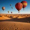 Travel concept. Amazing view of sand dunes with hot air balloons in the Sahara Desert. Location: Sahara Desert,