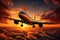 Travel concept - big airplane soaring majestically through a stunning, multicolored sunset sky