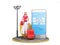 Travel concept cartoon woman with a suitcase stands next to a smartphone with a ticket booking window on the screen 3d render on