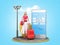 Travel concept cartoon woman with a suitcase stands next to a smartphone with a ticket booking window on the screen 3d render on