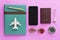 Travel concept. Closeup of mobile, passport, compass, sunglasses