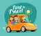Travel concept. Happy friends ride retro car on journey. Funny cartoon vector illustration