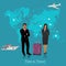 Travel concept, man and woman, baggage, luggage, apps, vector illustration