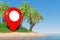 Travel Concept. Map Pointer on a Desert Sand Island with Palm Trees in the Middle of the Ocean. 3d Rendering