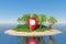 Travel Concept. Map Pointer on a Desert Sand Island with Palm Trees in the Middle of the Ocean. 3d Rendering