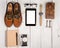 Travel concept - shoes, camera, tablet pc, notepad, watch, glass