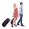 travel concept - side view of young couple with suitcases isolated on white