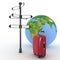 Travel concept. Signpost and suitcase on a globe background