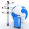 Travel concept. Signpost and suitcases on a globe background