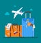 Travel concept vector illustration in flat style design. Airplane flying above tourists luggage. Vacation background