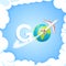 Travel concept. Word GO at blue background with aircraft and globe. Plane flying around Earth planet with continents and