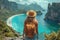 Travel Content Creator Concept. Traveler Girl with a Backpack on her Back Looks at the Sea or Ocean extreme closeup. Generative AI