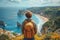 Travel Content Creator Concept. Traveler Man with a Backpack on her Back Looks at the Sea or Ocean extreme closeup. Generative AI