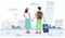 Travel couple with bag holding hands, back view, vector illustration. Romantic vacation, summer holidays, world tour.