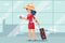 Travel cute woman suitcase passport airport background flat design vector illustration