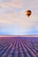 Travel destination, beautiful dream inspirational landscape with hot air balloon flying above lavender fields, Europe
