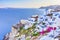 Travel Destinations. Picturesque Breathtaking View of Caldera Volcanic Slope of Oia Village in Santorini Island in Greece