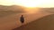 Travel, drone and man on desert sand dunes In Namibia looking at view on vacation, holiday or trip. Aerial view, freedom