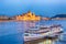 Travel and european tourism concept. Parliament and riverside in Budapest Hungary with during blue hour sunset