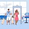 Travel with family with people in airport, sketch cartoon vector illustration.