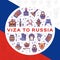 Travel flyer Visa to Russia. Colorful russian icons on a flag background. Flat circle infographics