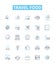 Travel food vector line icons set. Voyage, Cuisine, Meal, Taste, Delicacy, Snack, Portable illustration outline concept