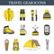 Travel gear icons. Set of vector outdoor equipment. Hiking