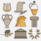 Travel Greek Culture Landmarks and cultural features flat icons design set.