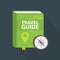 Travel guide book icon. World map and pin in cover. Flat illustration