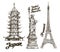 Travel. Hand drawn sketch Japan, USA, France. Vector illustration