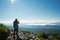 Travel hiker taking photo of majestic mountains range panorama. Carpathian mountains, Ukraine, Europe. Travel background,