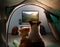 Travel at home. two dogs in a tent are looking at a monitor with a picture of mountains. Quarantine. Stay home.