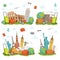 Travel icons and different landmarks. Famous world places isolate on white. Vector illustrations set