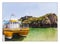 Travel illustration on canvas. Landscape by the sea on a sunny july day. Tenby Wales