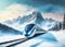 Travel illustration of a fast train speeding through a landscape mountain scene with winter