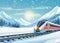 Travel illustration of a fast train speeding through a landscape mountain scene with winter