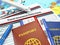 Travel insurance application form, passport and airplane on the