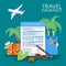 Travel insurance form concept vector illustration. Vacation background, luggage, plane, palms