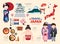 Travel Japan flat icons set. Japanese element icon map and landmarks symbols and objects collection