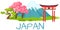 Travel Japan infographic, Japan lettering and famous landmarks. Discover East Asia concept