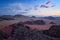 Travel Jordan, Arabia nature. Wadi Rum desert, red seand with stone and rock. Evening orange sunset in nature